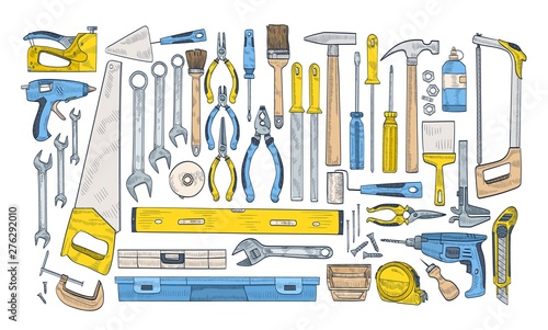 Bundle of manual and powered tools for handcraft and woodworking. Set of equipment for home repair and maintenance isolated on white background. Colorful hand drawn realistic vector illustration.