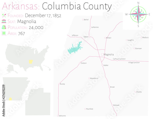 Large and detailed map of Columbia county in Arkansas, USA
