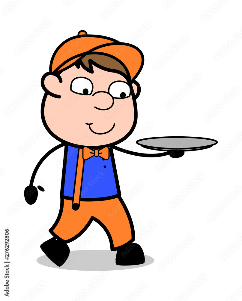 Holding a Plate and Walking - Retro Cartoon Carpenter Worker Vector Illustration