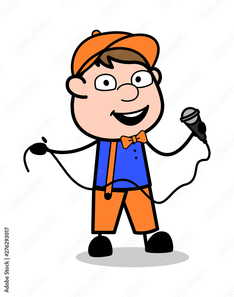 Holding a Mic and Singing in a Concert - Retro Cartoon Carpenter Worker Vector Illustration