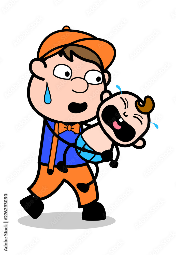 Holding a Crying Baby - Retro Cartoon Carpenter Worker Vector Illustration