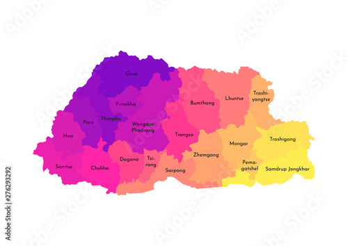 Vector isolated illustration of simplified administrative map of Bhutan. Borders and names of the regions. Multi colored silhouettes