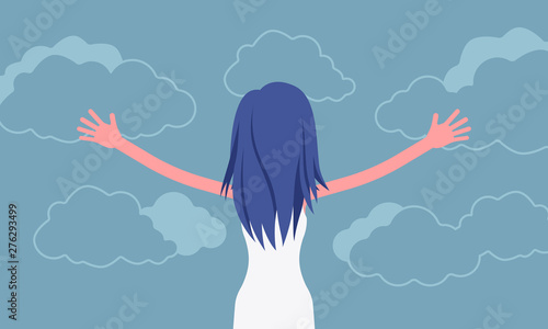 Woman praising with stretched out arms, rear view. Girl wearing white clothes open hands to sky, express approval, god admiration, practicing relaxation. Vector illustration, faceless characters