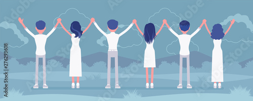 Group pray ceremony. People of religious beliefs, spiritual community wearing white clothes worship and praise god, enjoy outdoor sacred glorification ritual. Vector illustration, faceless characters