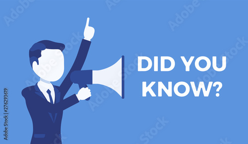 Did you know megaphone announcement. Man holding loud speaker to explain interesting facts of commercial product, service promotion, advertising information. Vector illustration, faceless characters