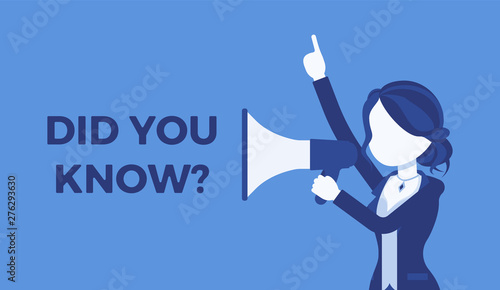 Did you know megaphone announcement. Woman holding loud speaker explain interesting fact of commercial product, service promotion, new advertising information. Vector illustration, faceless characters