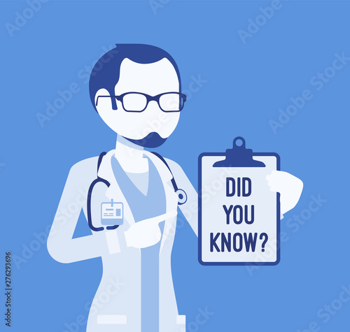 Did you know male doctor announcement. Professional medical consultation for men, popular healthcare fact explanation link. Promotion, advertising information. Vector illustration, faceless characters