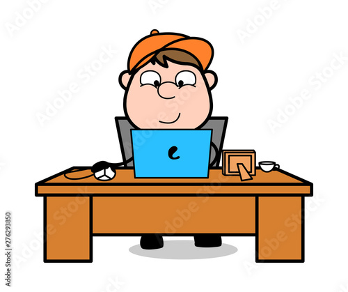 Laptop Work - Retro Cartoon Carpenter Worker Vector Illustration