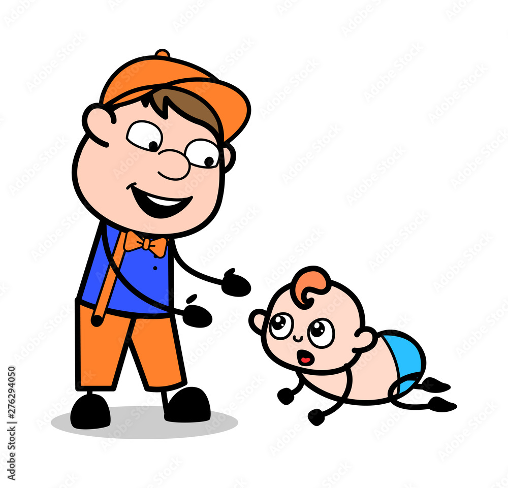 Playing with Crawling Baby - Retro Cartoon Carpenter Worker Vector Illustration