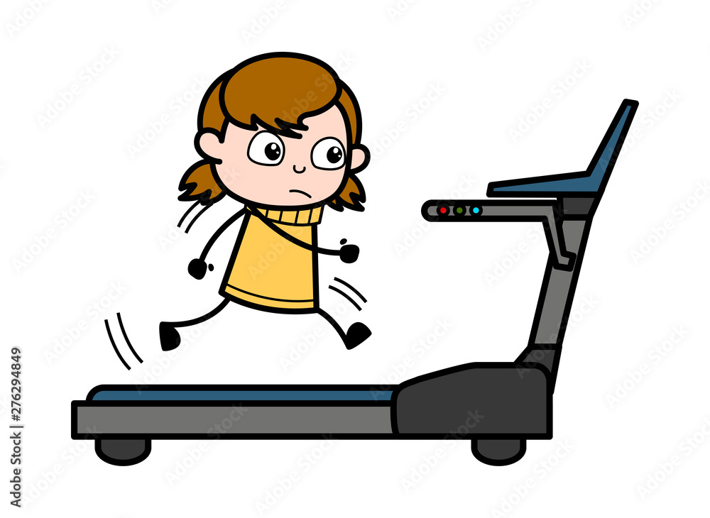 Running on Treadmill - Retro Cartoon Girl Teen Vector Illustration