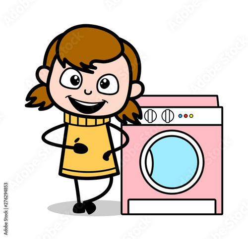Presenting a Washing Machine - Retro Cartoon Girl Teen Vector Illustration
