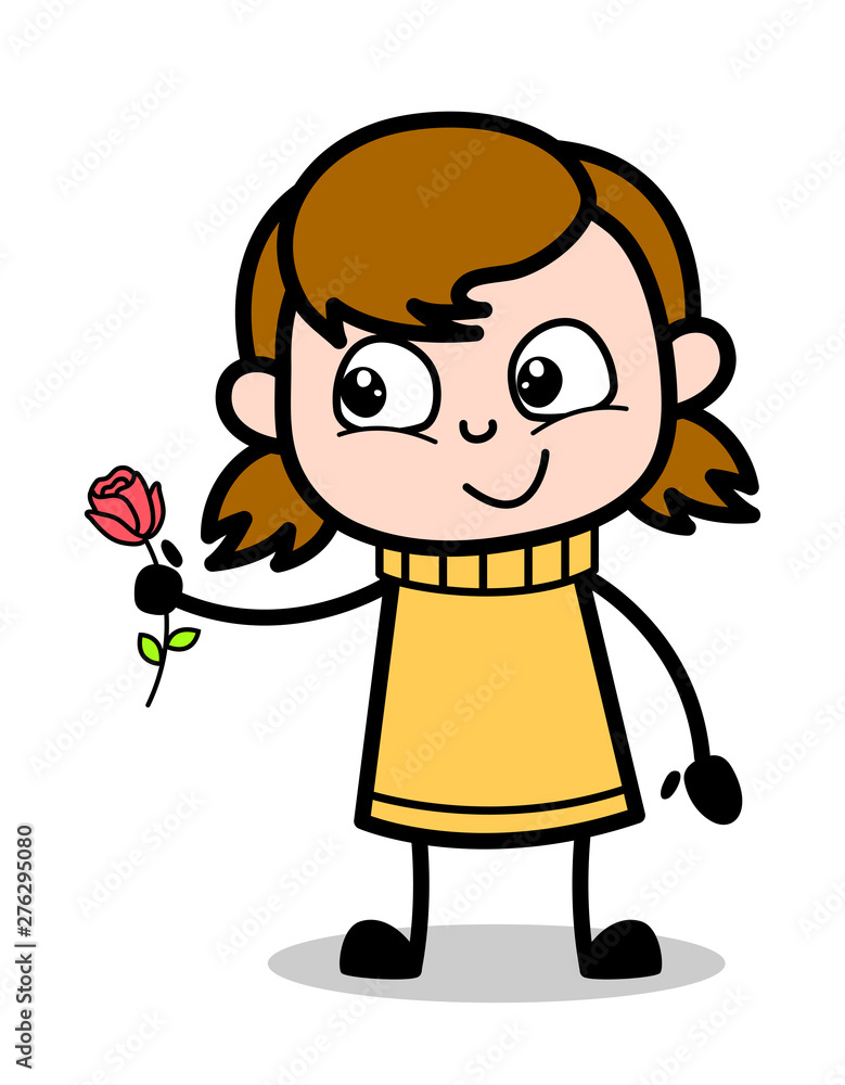 Presenting a Rose on Valentine Day - Retro Cartoon Girl Teen Vector Illustration Presenting a Rose on Valentine Day - Retro Cartoon Girl Teen Vector Illustration