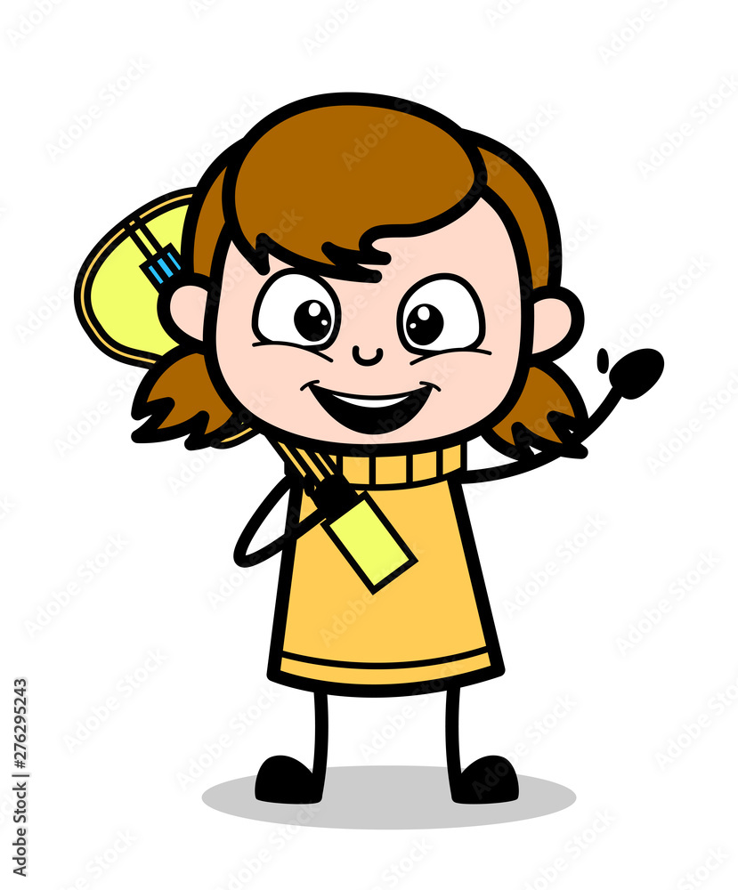 Holding a Guitar and Saying Hello with Hand Gesture - Retro Cartoon Girl Teen Vector Illustration