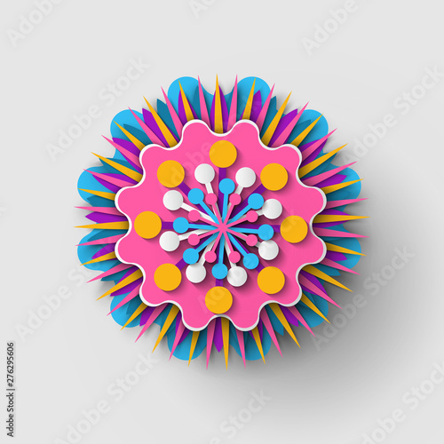 Paper cut origami of flower, colorful blossom ornament with shadow, 3d view of floral symbol, greeting or poster decorated by bouquet, festive vector