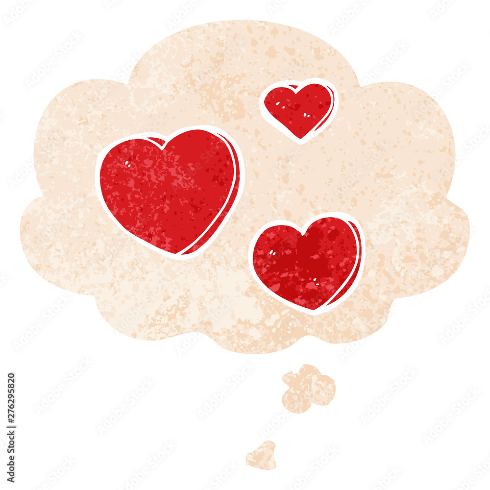 Obraz premium cartoon love hearts and thought bubble in retro textured style