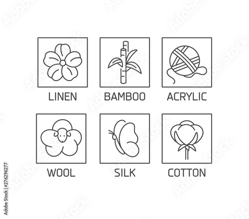 Vector set of linear icons and badges for natural fabric. Organic and eco-friendly manufacturing. Collection symbol of natural certified producing of clothes.