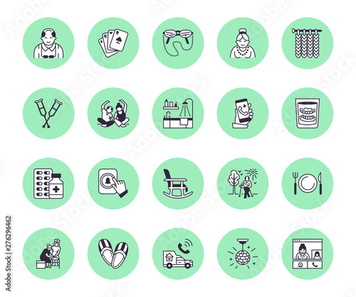 Elderly care vector flat line icons. Nursing home - old people activity, wheelchair, health check, hospital call button, grandfather, grandmather, doctor, senior assisted living