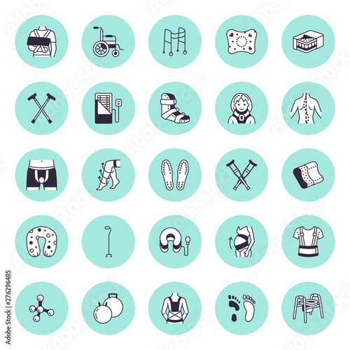 Orthopedic, trauma rehabilitation vector line icons. Crutches, mattress pillow, cervical collar, walkers, ergonomic shoes, chiropractic. Health care thin linear signs for osteopath clinic, hospital