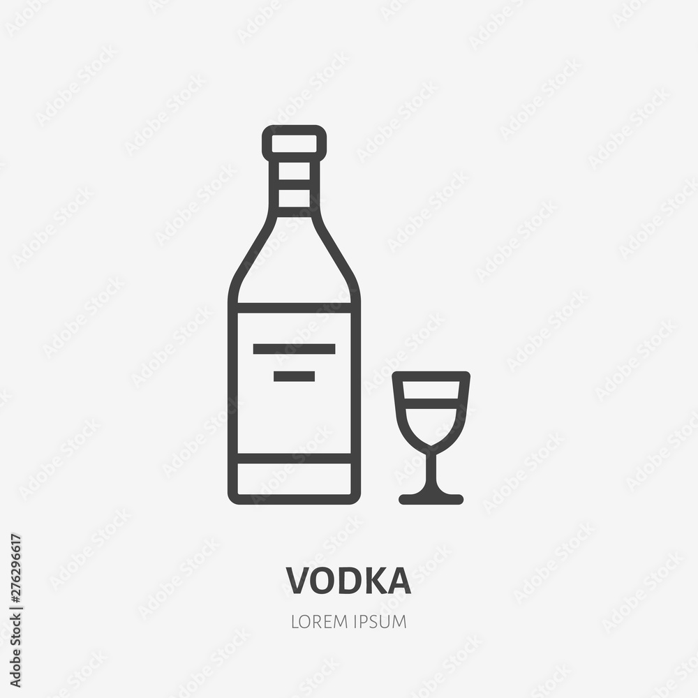Vodka flat line icon. Vector thin sign of alcohol bottle, glass logo. Aperitif drink outline illustration for bar menu Vodka flat line icon. Vector thin sign of alcohol bottle, glass logo. Aperitif drink outline illustration for bar menu