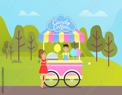 Fototapeta Naklejka Na Ścianę i Meble -  Street food in park vector, woman buying dessert form seller in truck. Store with wheels and sign above. delicious meal sold by merchant in forest