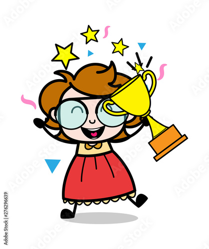Happy to Get Trophy - Teenager Cartoon Intelligent Girl Vector Illustration