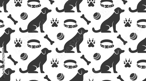 Pet shop vector seamless pattern with flat icons of sitting dog, collar, paw, toy ball and bone. Black puppy silhouette on white color background, animal wallpaper for veterinary clinic