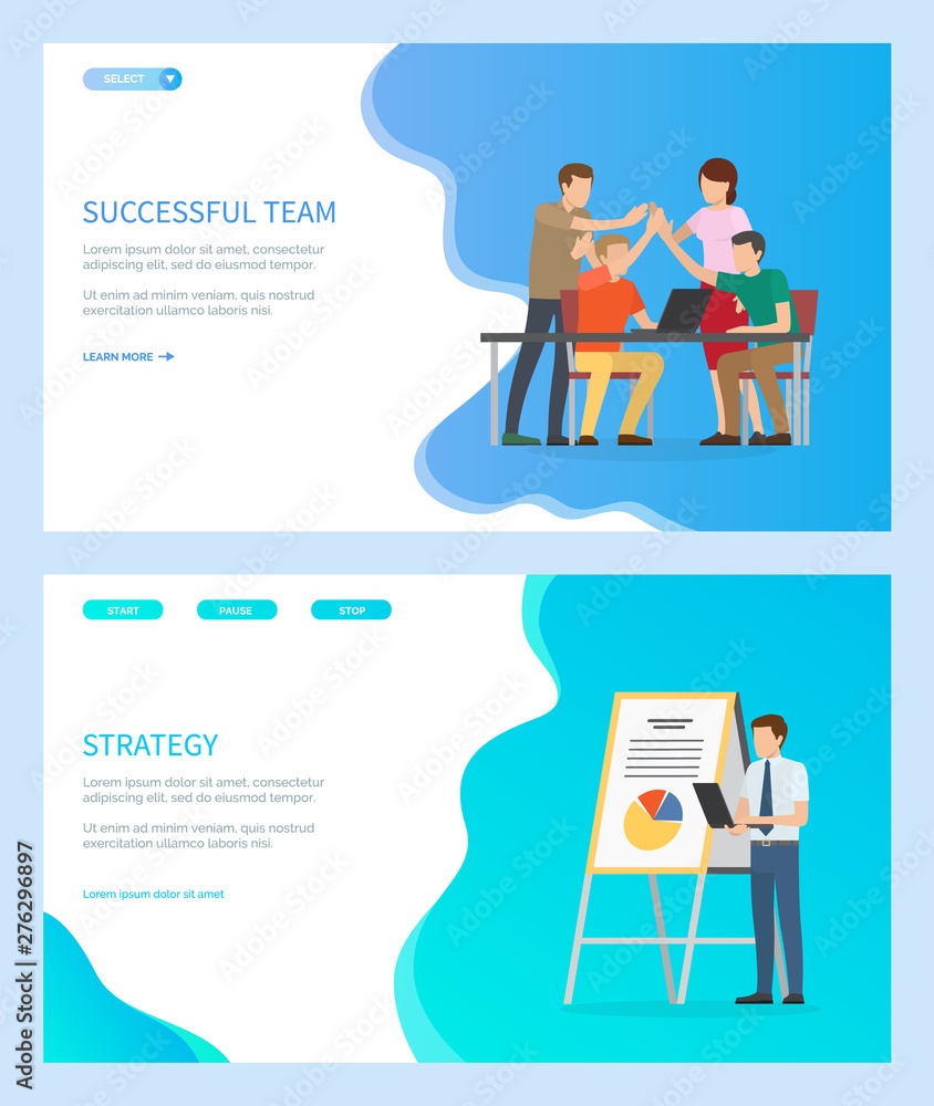 Successful team vector, people at work dealing with working tasks, office workers, strategy of businessman showing info on whiteboard infocharts. Website or webpage template, landing page flat style