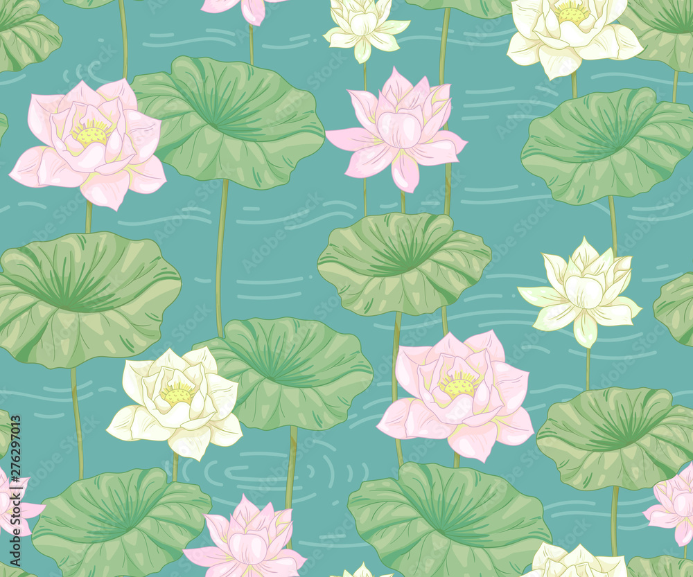 Seamless pattern with lotus flowers in the pond Seamless pattern with lotus flowers in the pond