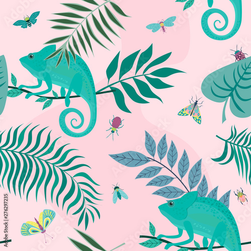 Seamless pattern with chameleon  insects and plants. Editable Vector illustration