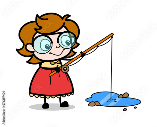 Fishing with Fishing Road - Teenager Cartoon Intelligent Girl Vector Illustration photo