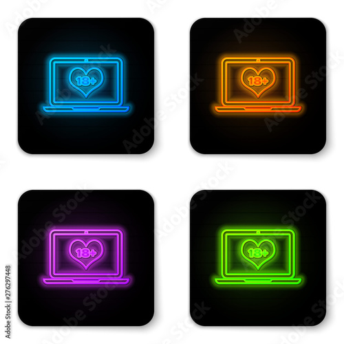 Glowing neon Laptop computer with 18 plus content heart icon isolated on white background. Age restriction symbol. 18 plus content sign. Adult channel. Black square button. Vector Illustration