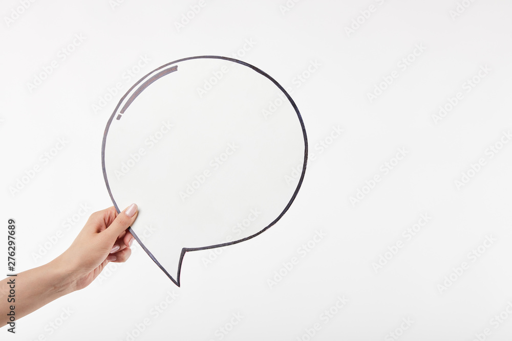 cropped view of woman with thought bubble in hand isolated on white cropped view of woman with thought bubble in hand isolated on white