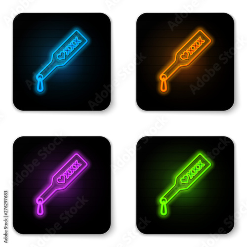 Glowing neon Spanking paddle icon isolated on white background. Fetish accessory. Sex toy for adult. Black square button. Vector Illustration