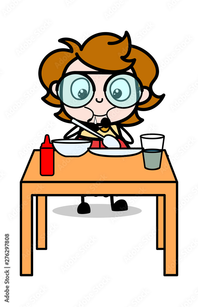 Eating Dinner - Teenager Cartoon Intelligent Girl Vector Illustration
