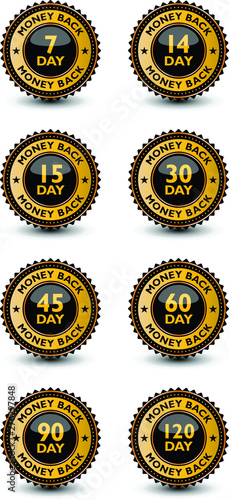 High quality money back guaranteed golden and blackish badge, label, sign set isolated on white background. 