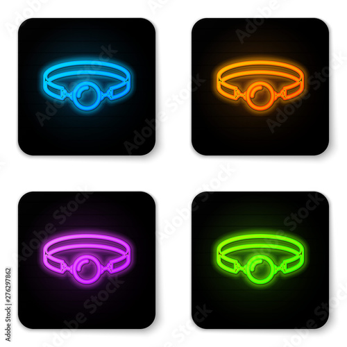 Glowing neon Silicone ball gag with a leather belt icon isolated on white background. Fetish accessory. Sex toy for men and woman. Black square button. Vector Illustration