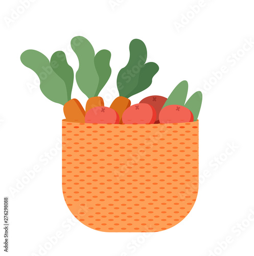 Basket with farmer products isolated carrot and potato, agriculture concept. Vector gardening and farming, shopping on salad, agronomy homegrown food