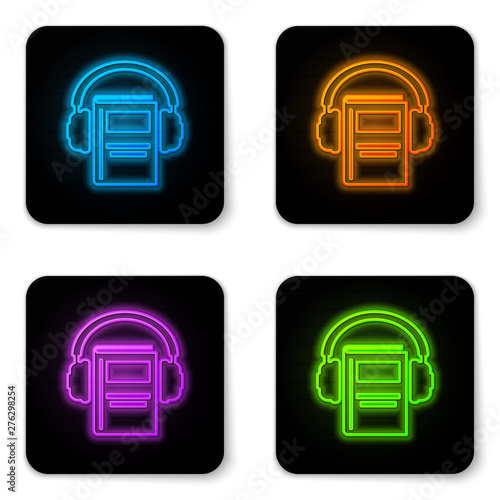Glowing neon Audio book icon isolated on white background. Book with headphones. Audio guide sign. Online learning concept. Black square button. Vector Illustration