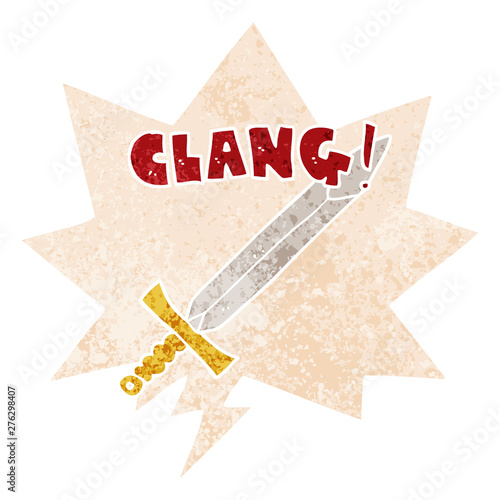 cartoon clanging sword and speech bubble in retro textured style
