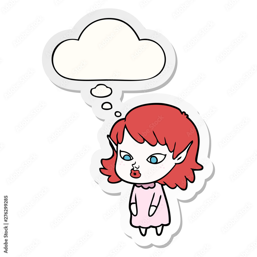 cartoon elf girl with pointy ears and thought bubble as a printed sticker cartoon elf girl with pointy ears and thought bubble as a printed sticker