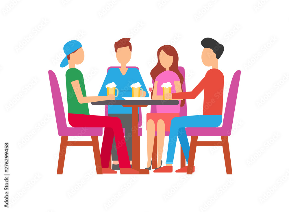 Man and woman drinking alcoholic beverage vector. Friends relaxing in weekend spending time in bar. People talking friendly and enjoying closeness Man and woman drinking alcoholic beverage vector. Friends relaxing in weekend spending time in bar. People talking friendly and enjoying closeness