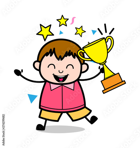 Holding a Trophy and Getting Excited - Teenager Cartoon Fat Boy Vector Illustration