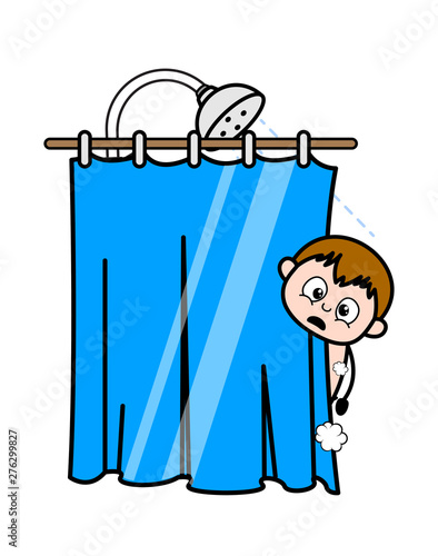 Shocked While Taking a Shower - Teenager Cartoon Fat Boy Vector Illustration