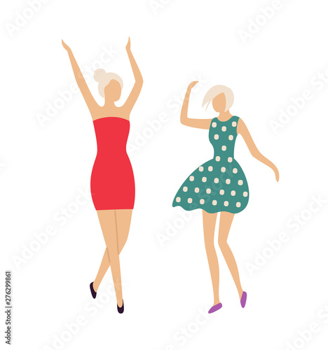 Disco party of women vector, people wearing dresses having fun in club, night life of clubbers. Partying ladies dancing and jumping, moving girlfriends