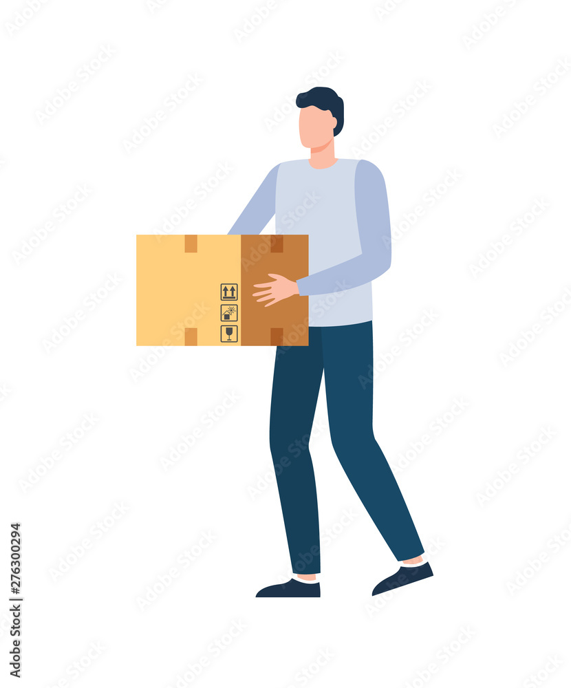 Person standing with box, courier holding cardboard package, portrait view of worker with carton container, worldwide delivery of parcel, goods vector Person standing with box, courier holding cardboard package, portrait view of worker with carton container, worldwide delivery of parcel, goods vector