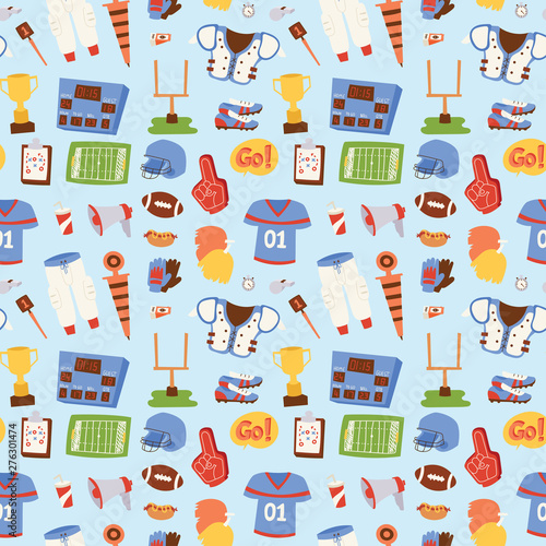 American football player action sport athlete uniform sporty accessory success playing tools seamless pattern background vector illustration