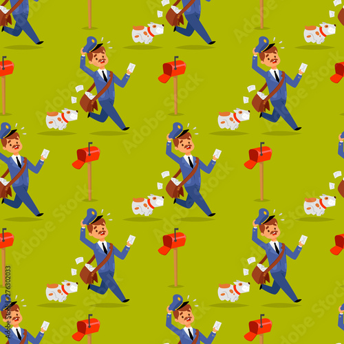 Postman delivery man character vector courier occupation carrier package mail shipping deliver professional people with envelope seamless pattern background.