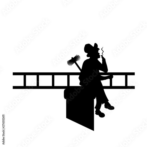 Male silhouette with tools chimney sweep in pipe, got to work and got smoking. Vector illustration for designers