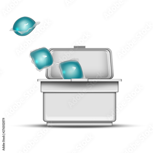 Cubes Of Washing Powder In Blank White Box Vector. Gel Cubes For Washing Dry Fabric Clothes In Automatic Laundry Machine In Box Package. Bleach Detergent Element Realistic 3d Illustration