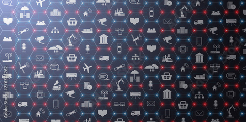 IoT (Internet of things ) or Industry 4.0 (industrial internet) banner. Concept and infographic. Connected devices and objects with business automation flow a blue background. landing page template